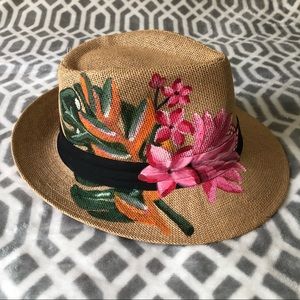 Hand Painted Panama Hat with Tropical Flowers